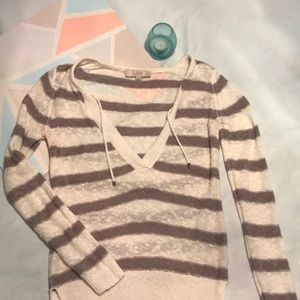 Loft Taupe and White Striped V-neck Sweater